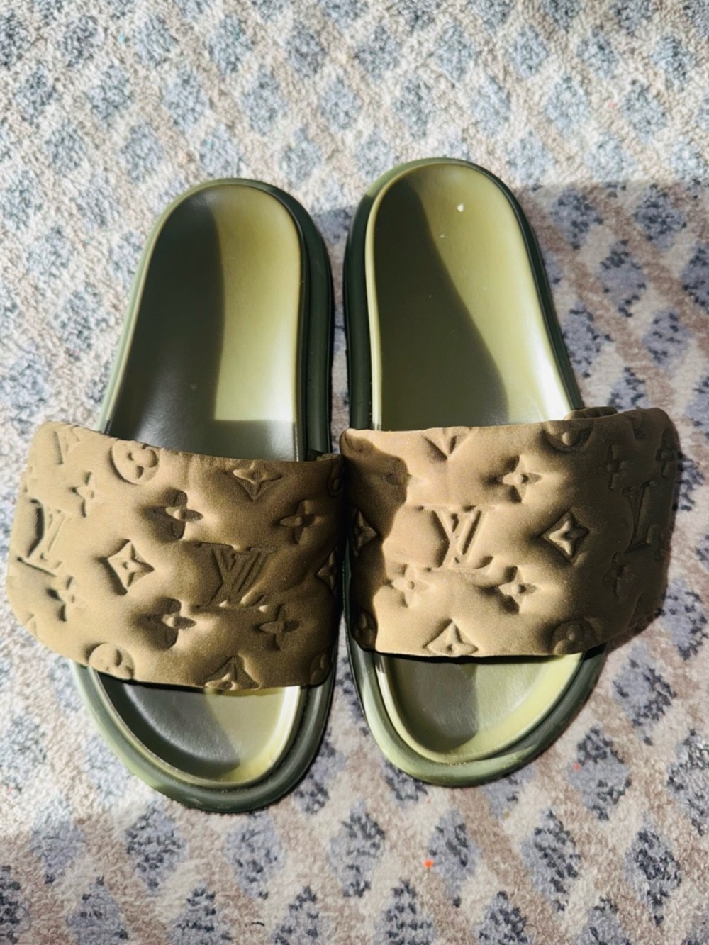 Louis Vuitton Olive and Brown Monogram Padded Slide Sandals - Picture 1 of 9